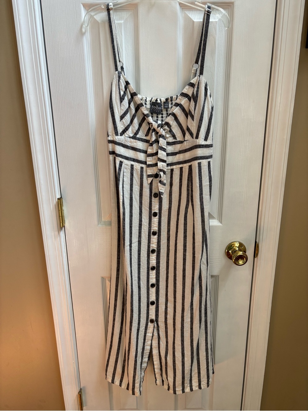 NY&Co Soho Blue/Creamy White Striped Midi Dress w/ Keyhole Tie Front, Size L,EUC